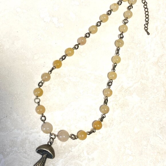 Genuine Yellow Aventurine Short Necklace,Bronze Slim Mushroom + Natural Gemstone - Picture 13 of 16